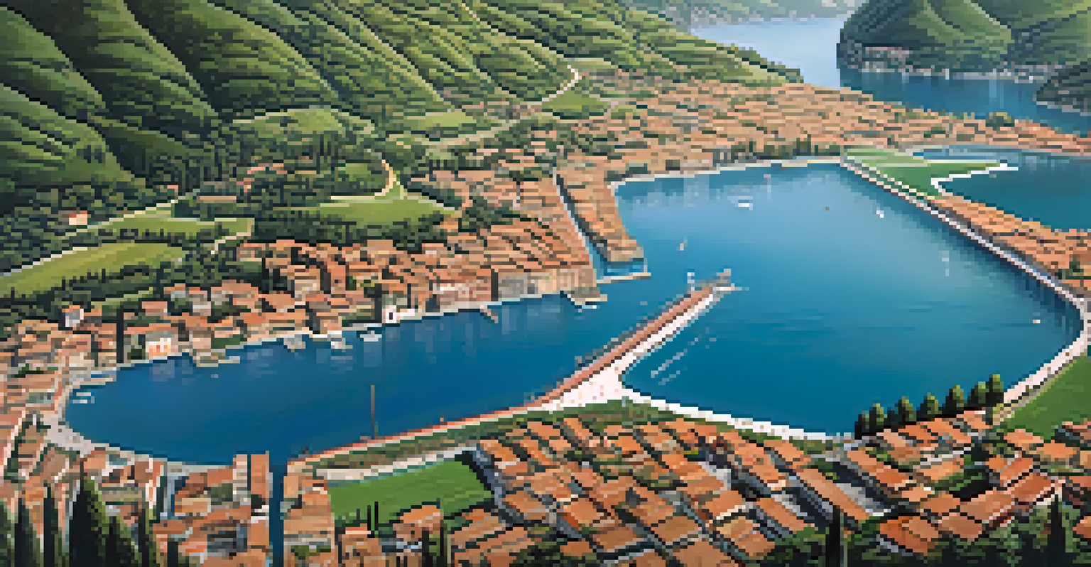 Aerial view of the Floating Piers on Lake Iseo, featuring golden walkways and people walking on the water.