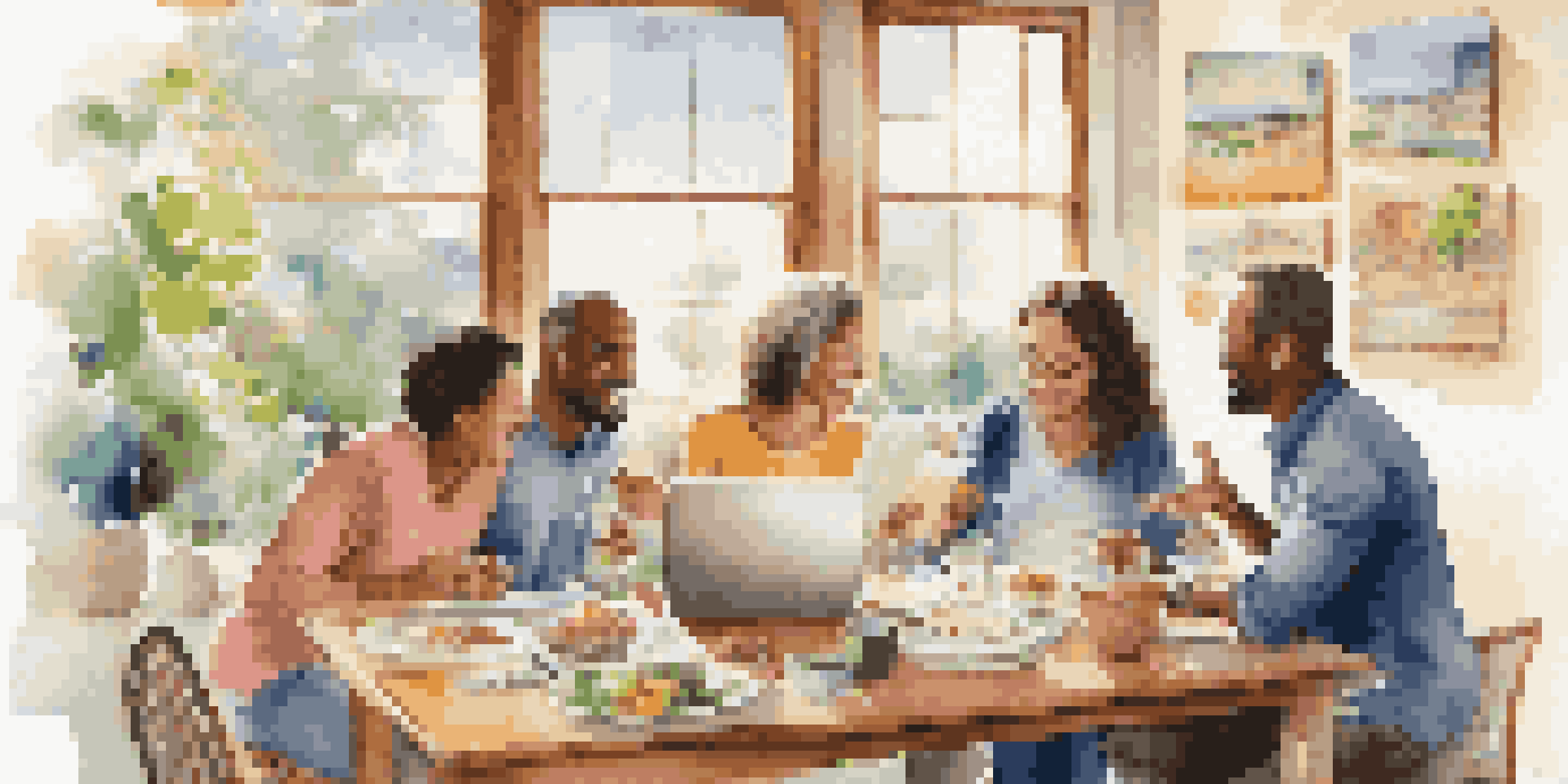 A family sitting together at a dining table, enthusiastically discussing their travel budget with a laptop and colorful charts.