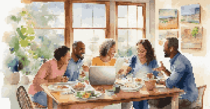 A family sitting together at a dining table, enthusiastically discussing their travel budget with a laptop and colorful charts.