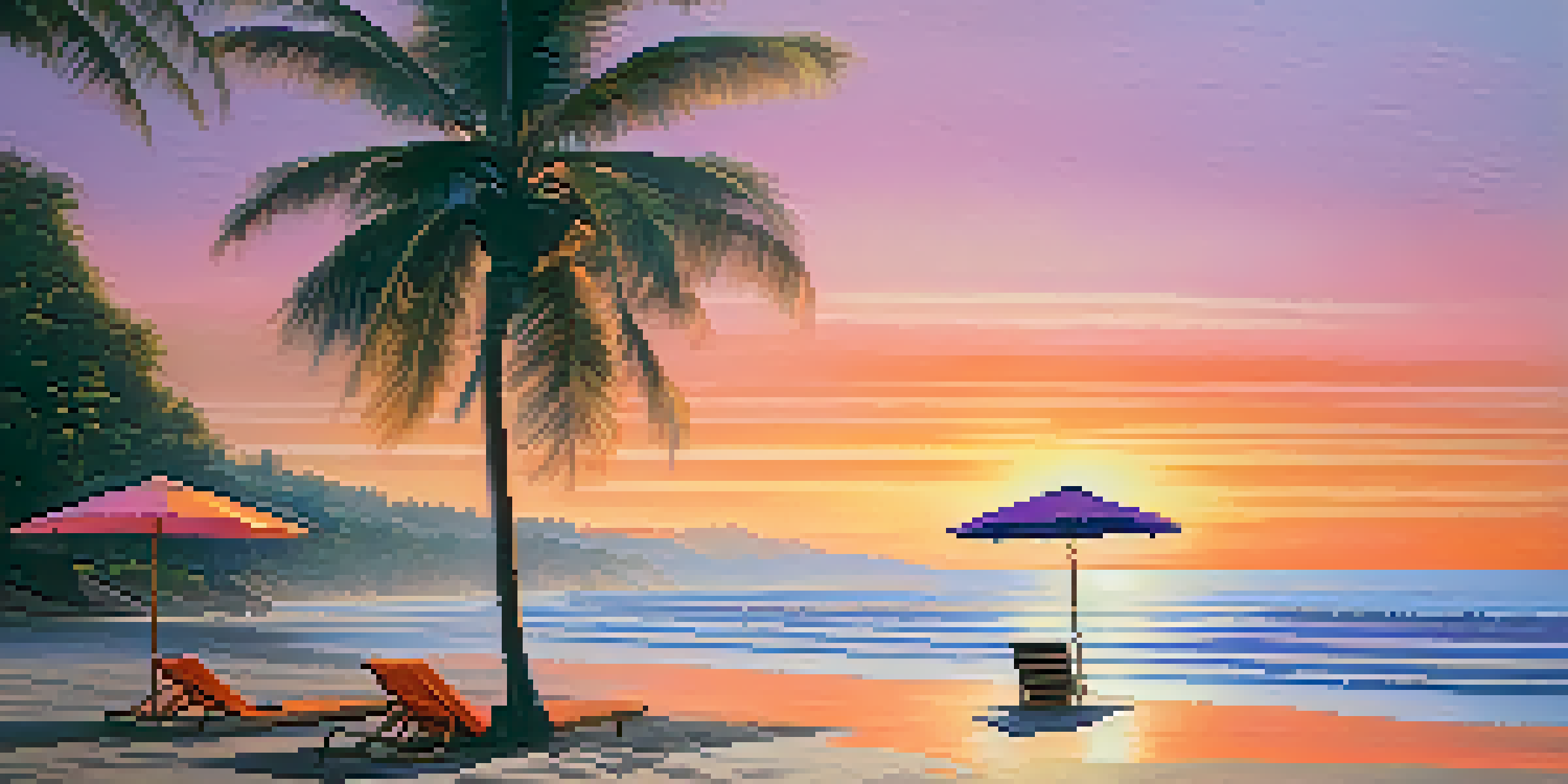 A tranquil beach at sunset with a palm tree and colorful umbrellas, reflecting golden light on the waves.