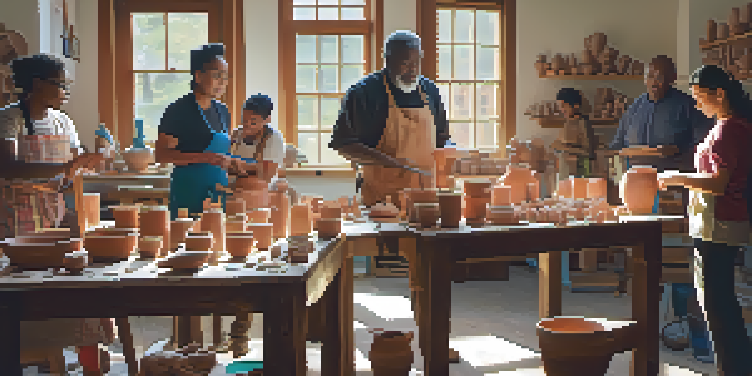 A lively pottery workshop with diverse participants creating clay sculptures at a wooden table, illuminated by soft natural light.