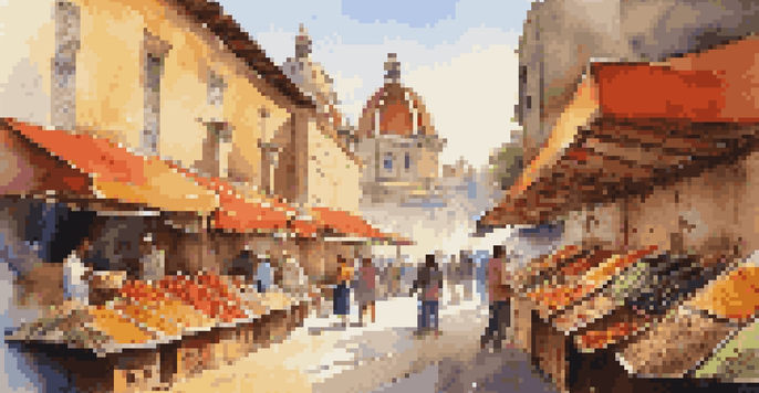 A bustling street market filled with colorful stalls and local vendors interacting with tourists, surrounded by historic buildings under a warm afternoon sun.