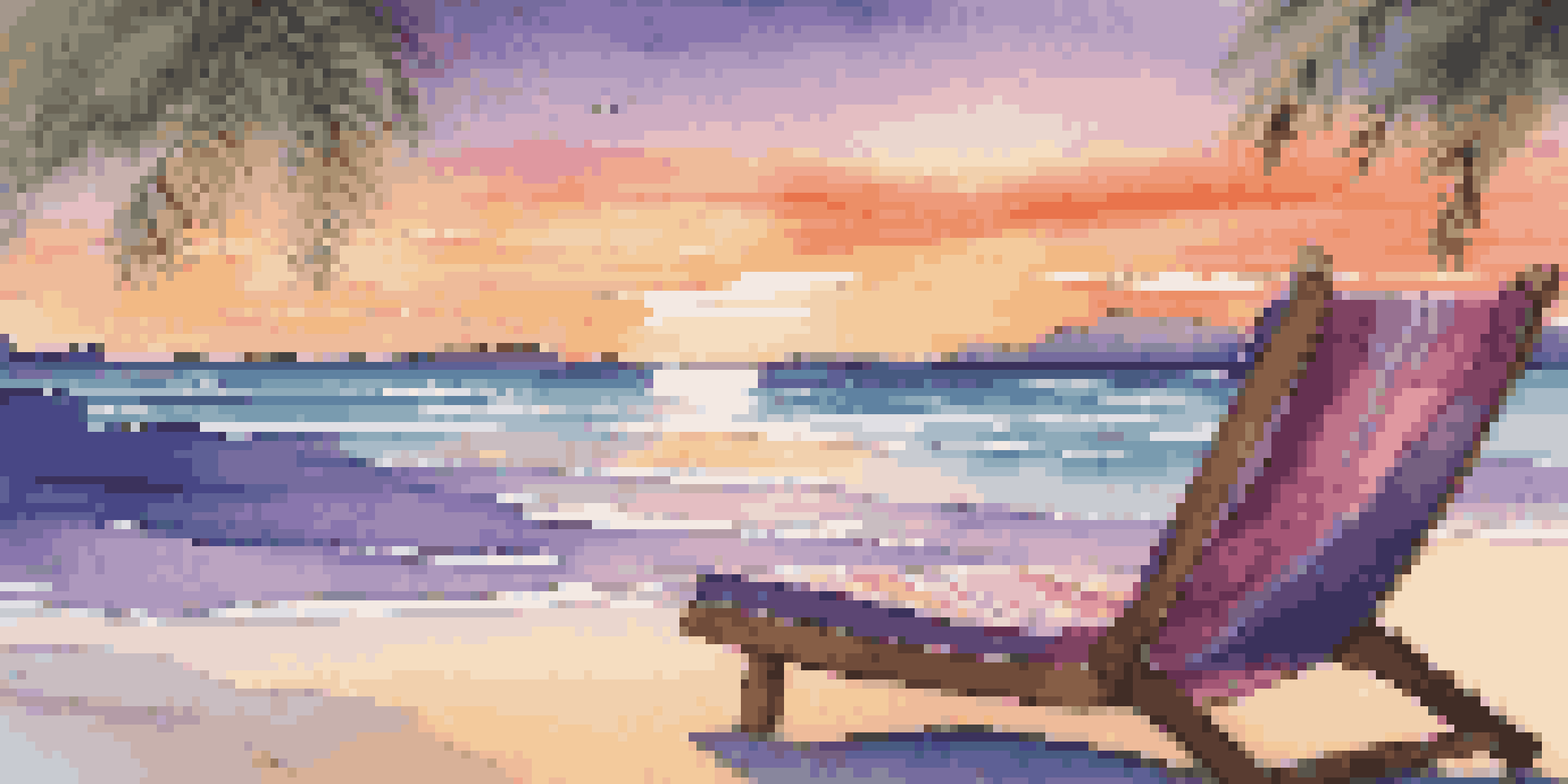 A tranquil beach resort at sunset with colorful skies, gentle waves, a lounge chair, and a palm tree.