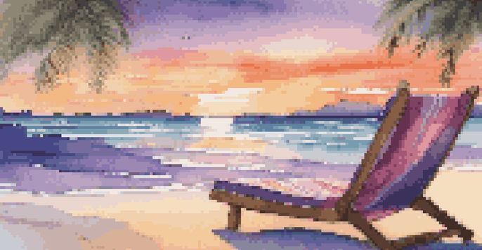 A tranquil beach resort at sunset with colorful skies, gentle waves, a lounge chair, and a palm tree.
