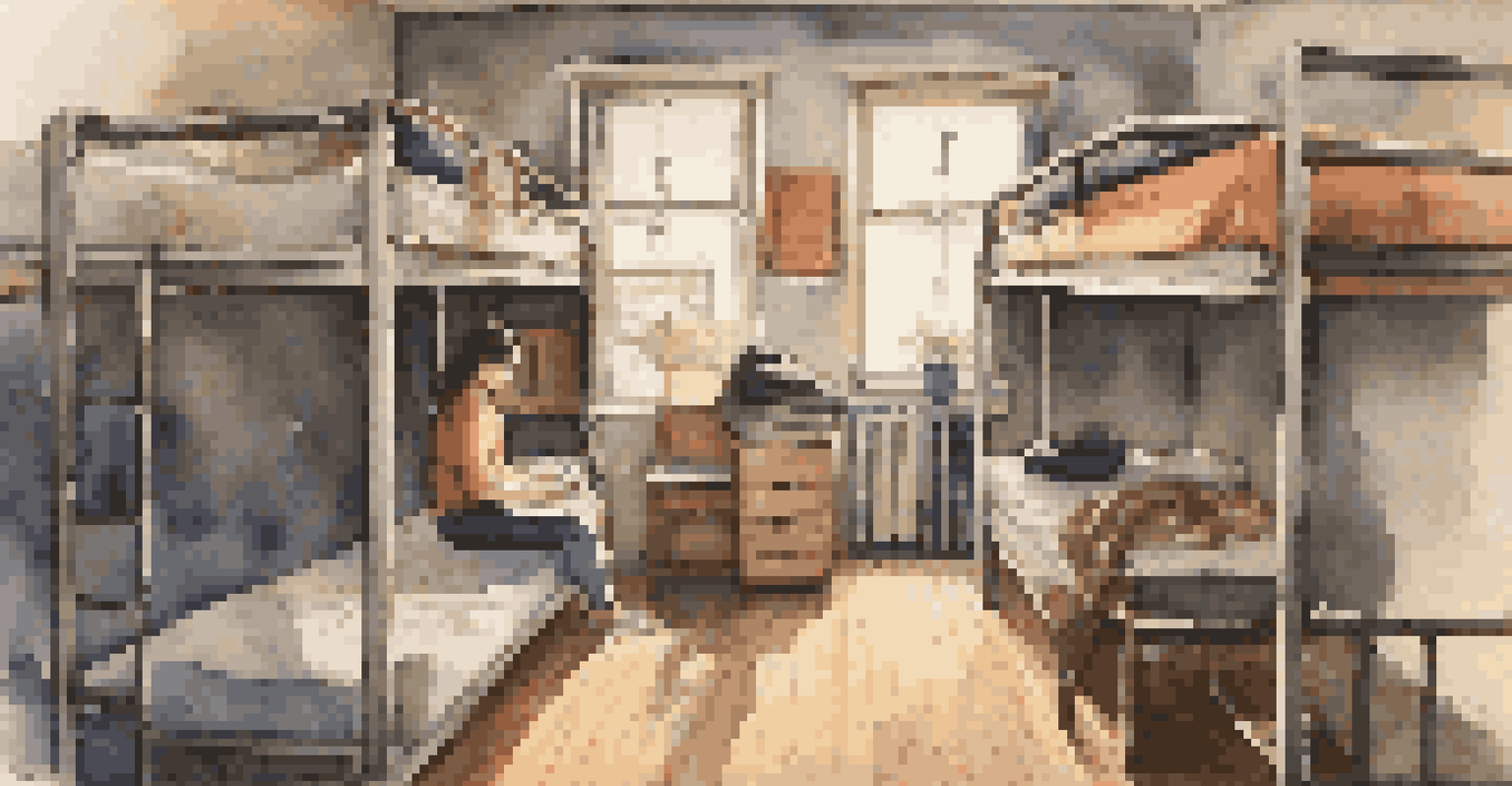 A traveler organizing their items in a tidy hostel dorm room with bunk beds and personal lockers.