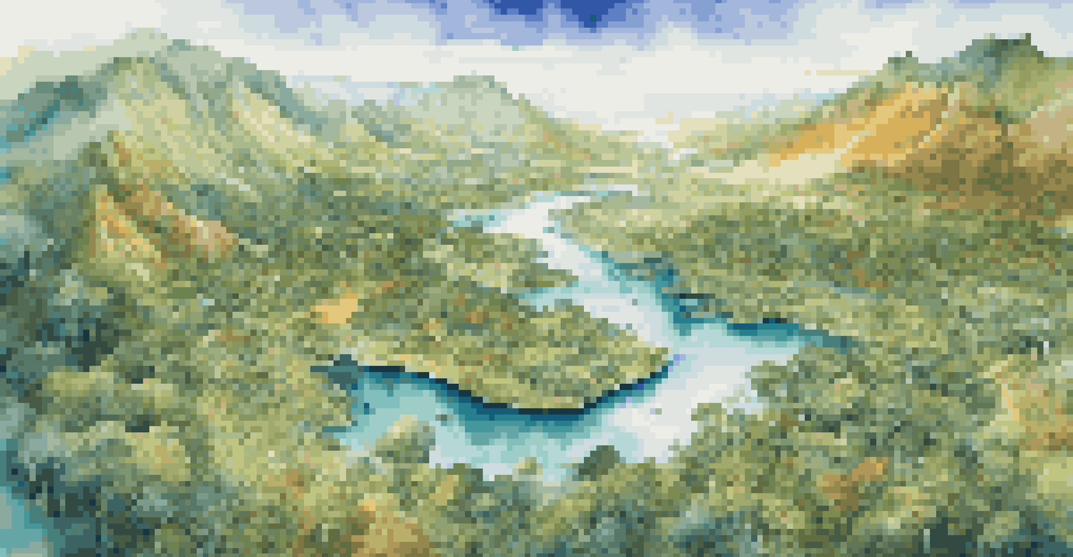 An aerial view of a diverse wildlife reserve showcasing forests, lakes, and rivers in bright colors, highlighting the beauty of untouched nature.