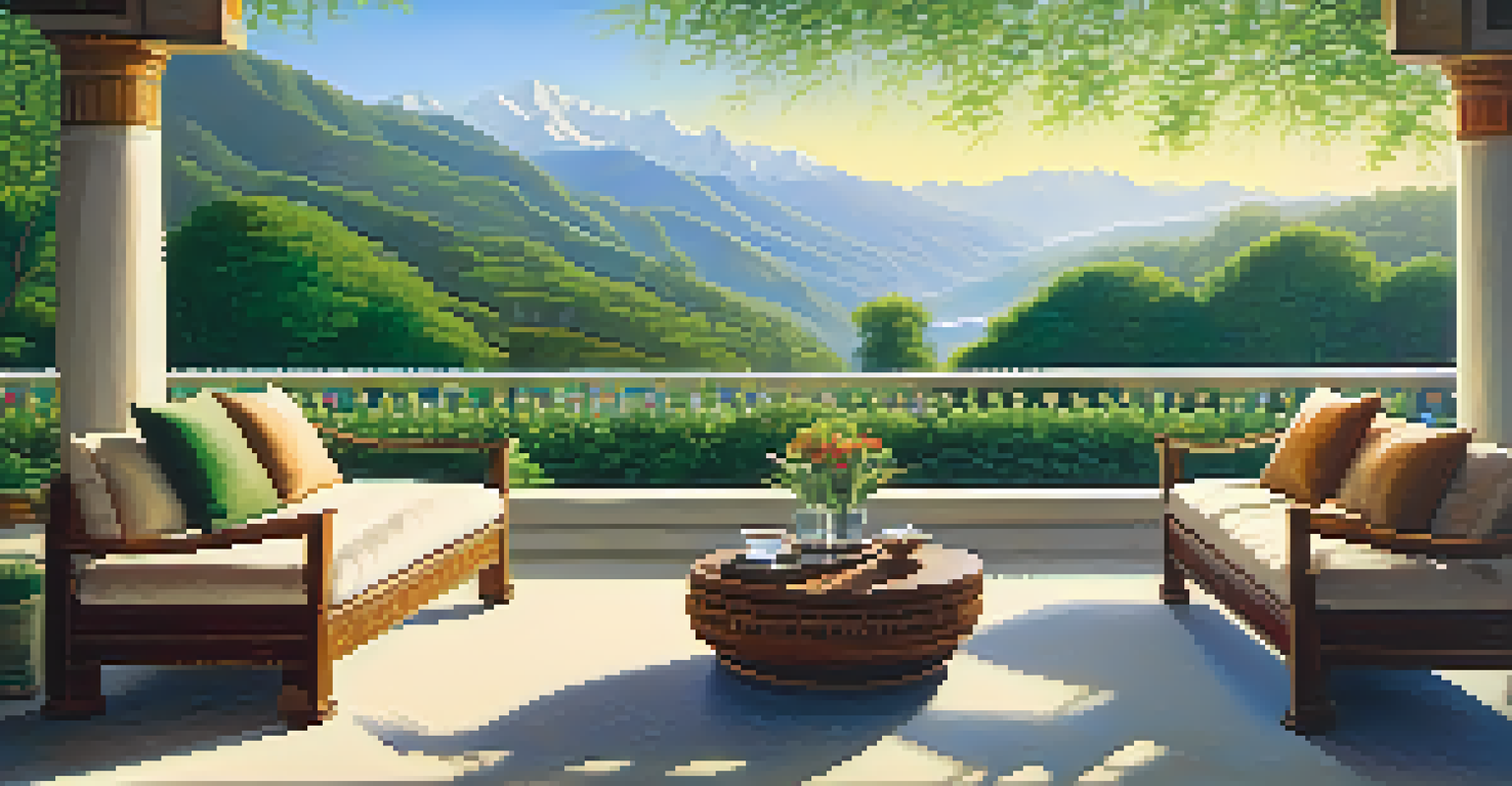 A meditation area in the foothills of the Himalayas surrounded by nature, with mountains in the background and sunlight filtering through trees.