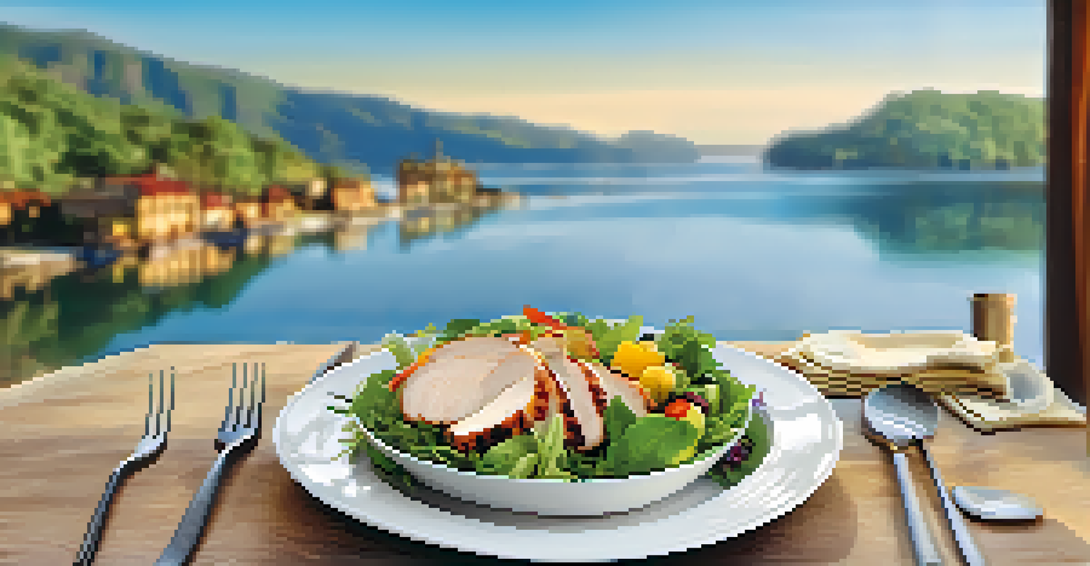 An outdoor dining setup with a grilled chicken salad, showcasing vibrant colors and textures, set against a beautiful scenic backdrop.