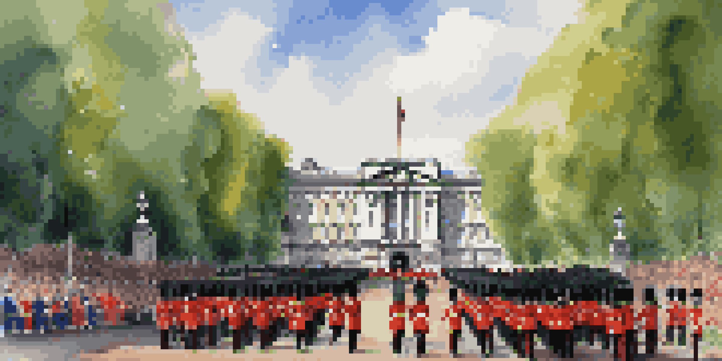 A vivid scene showcasing the Changing of the Guard ceremony at Buckingham Palace, featuring marching guards in red tunics against a backdrop of the palace's beautiful architecture.