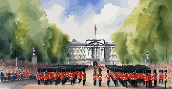 A vivid scene showcasing the Changing of the Guard ceremony at Buckingham Palace, featuring marching guards in red tunics against a backdrop of the palace's beautiful architecture.