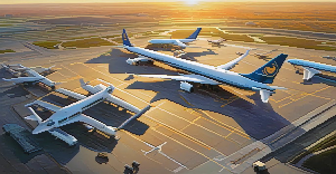 Aerial view of a modern airport at sunset with airplanes and terminal buildings.