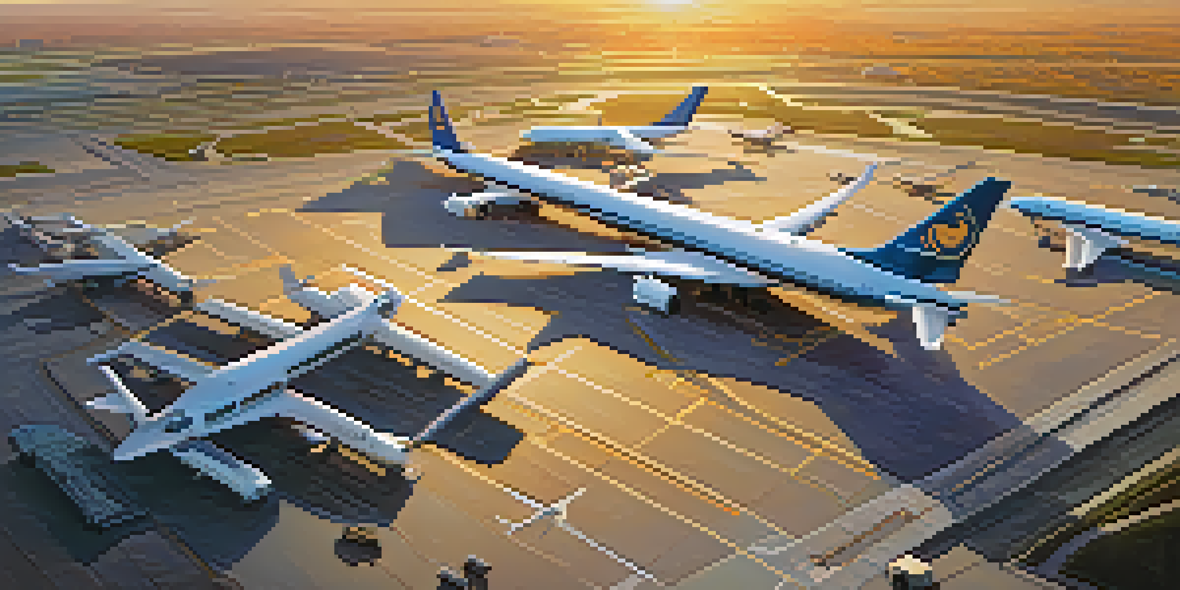 Aerial view of a modern airport at sunset with airplanes and terminal buildings.
