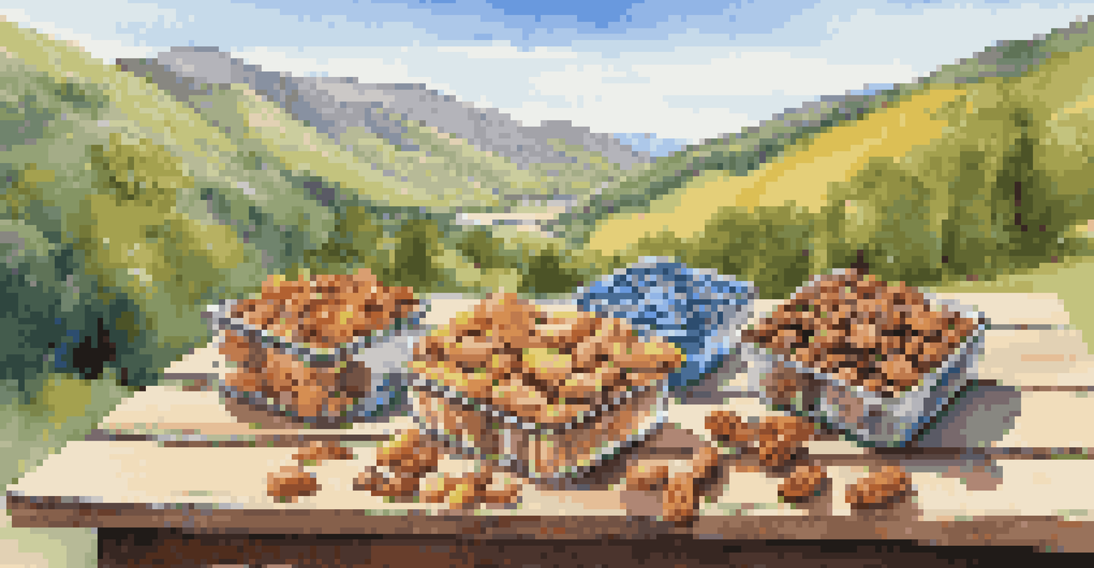A variety of hiking snacks displayed on a picnic table, with a lush valley and blue sky in the background.
