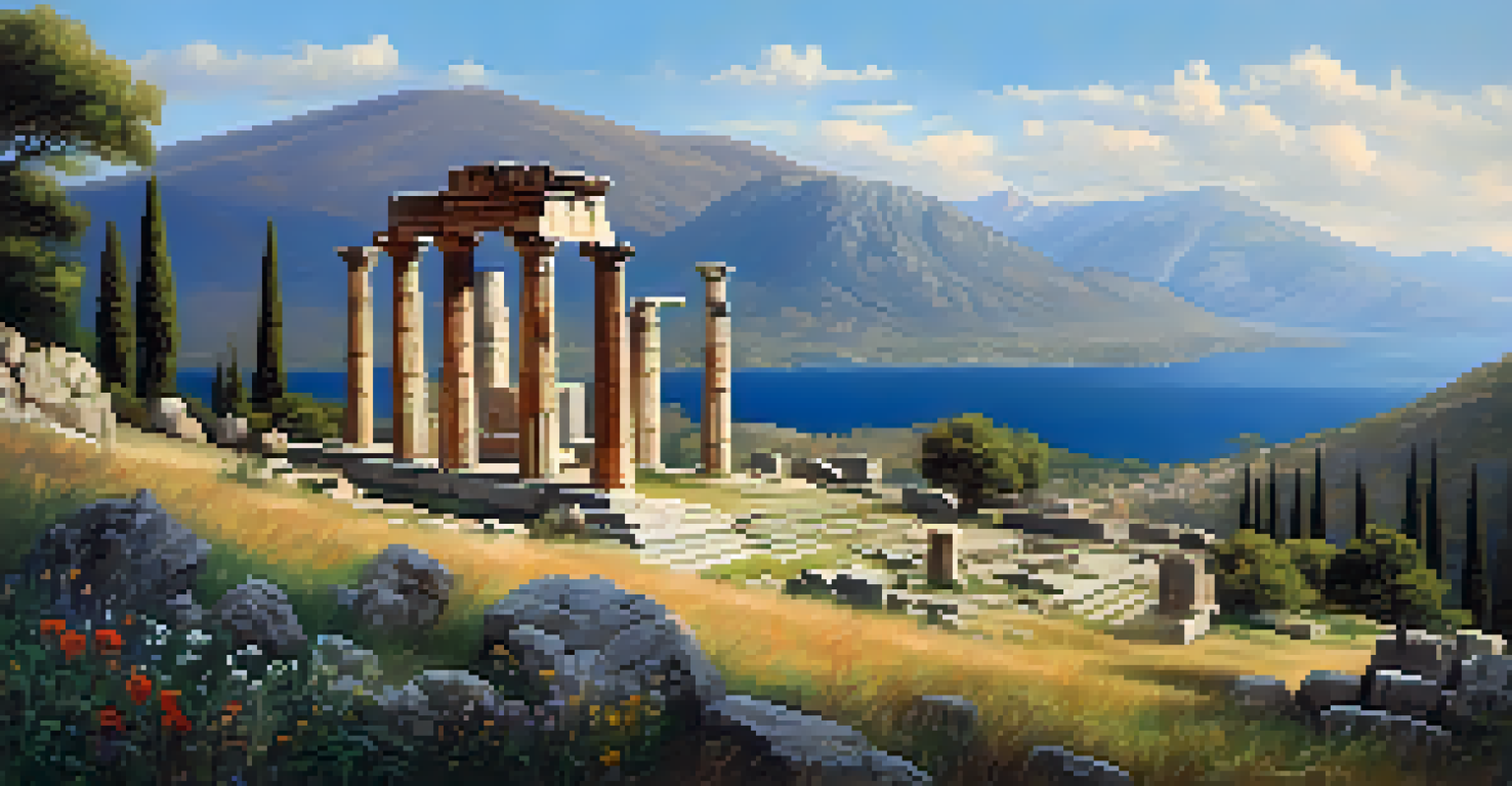 A tranquil view of Delphi with the Temple of Apollo ruins and Mount Parnassus in the background, surrounded by wildflowers.