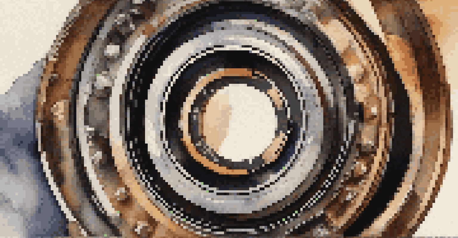 A close-up view of a camera's aperture blades with a blurred outdoor background, highlighting the metallic texture.