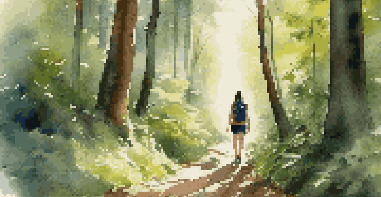 A woman hiking alone in a lush forest, wearing a backpack and looking up at the trees, surrounded by nature.