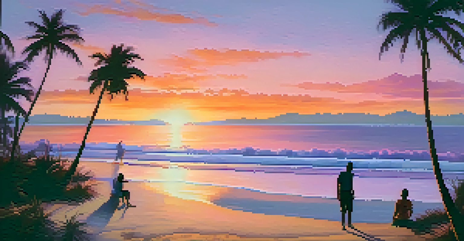 A beautiful beach at sunset with friends around a bonfire, palm trees silhouetted against a colorful sky.