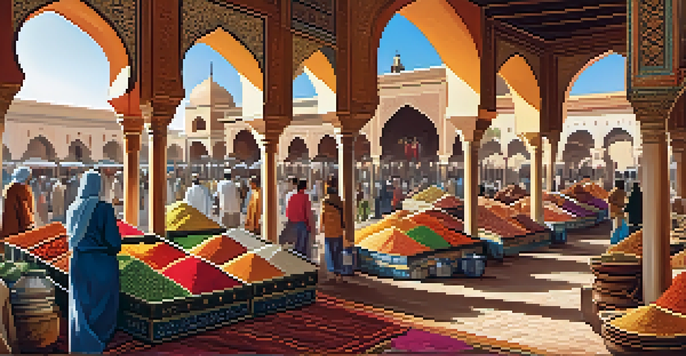 A bustling market in Morocco with colorful spices and textiles, sunlight illuminating the scene.