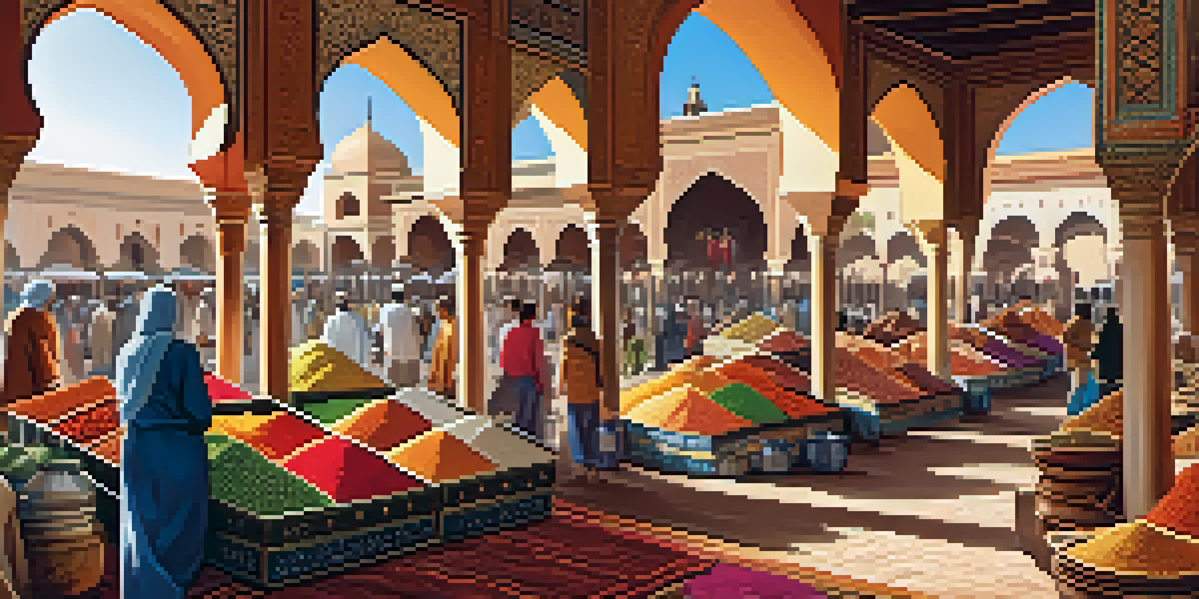 A bustling market in Morocco with colorful spices and textiles, sunlight illuminating the scene.