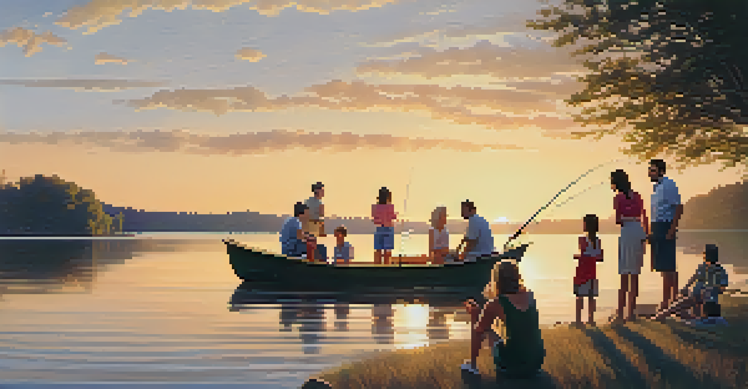 Family members enjoying a lakeside reunion with activities like fishing and swimming at sunset.