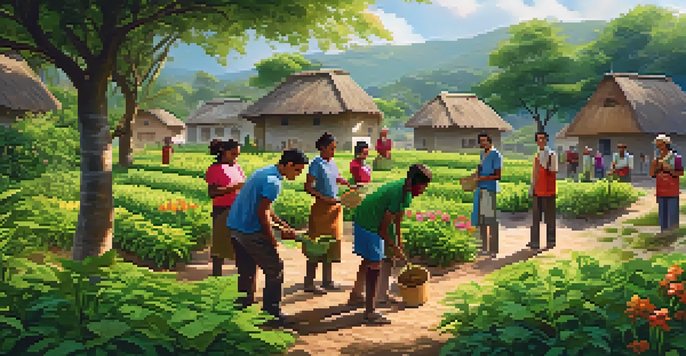 A diverse group of smiling volunteers planting trees in a lush green village, with sunlight filtering through the leaves.