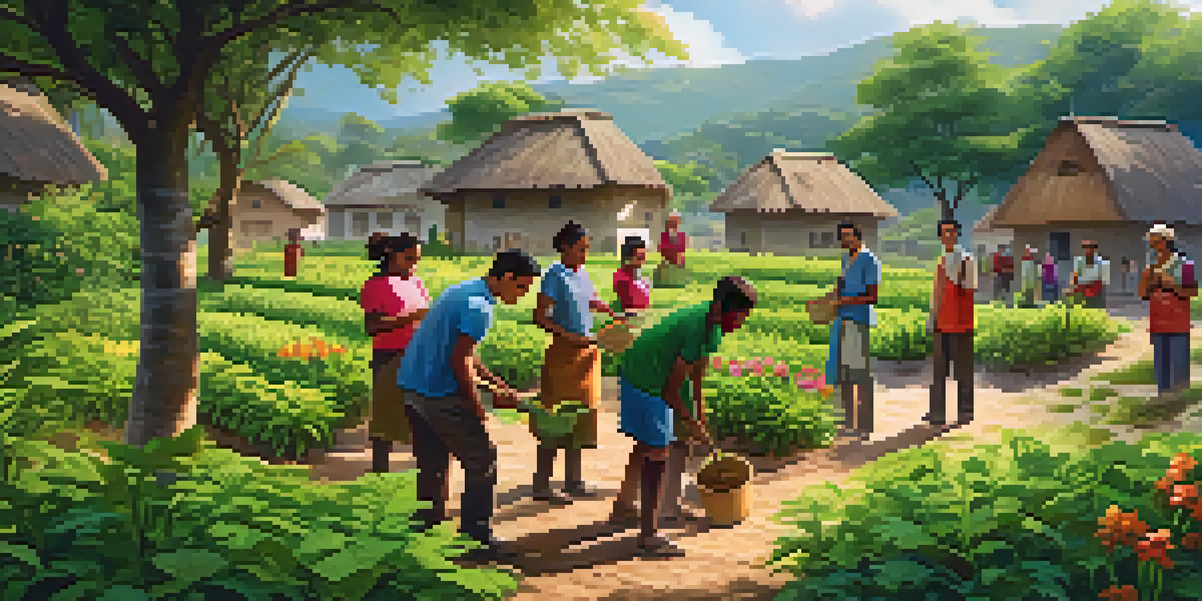 A diverse group of smiling volunteers planting trees in a lush green village, with sunlight filtering through the leaves.