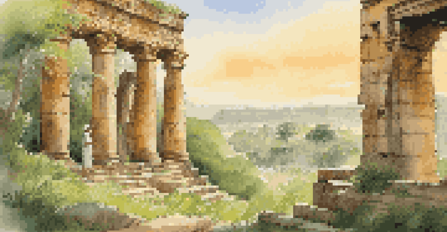 A traveler admiring ancient ruins surrounded by greenery during sunset, capturing the moment with a camera.
