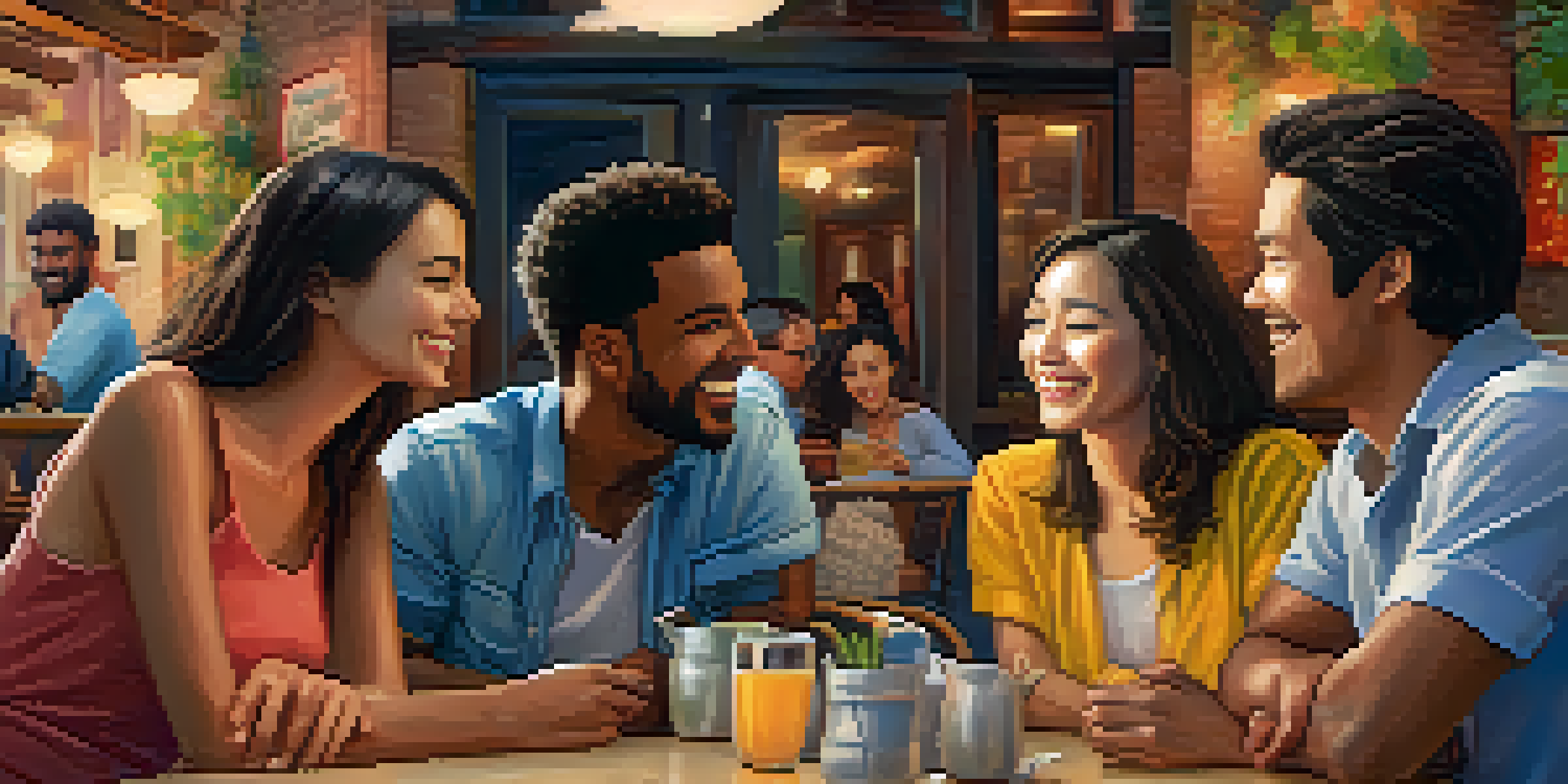 A diverse group of people in a café engaged in conversation, displaying gestures and facial expressions.