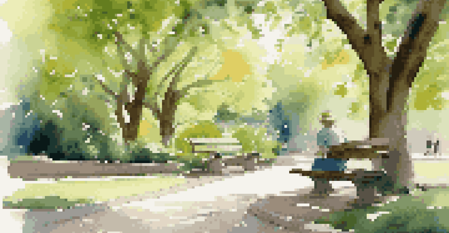 A traveler sitting on a bench in a park, writing in a journal surrounded by greenery and sunlight filtering through the leaves.