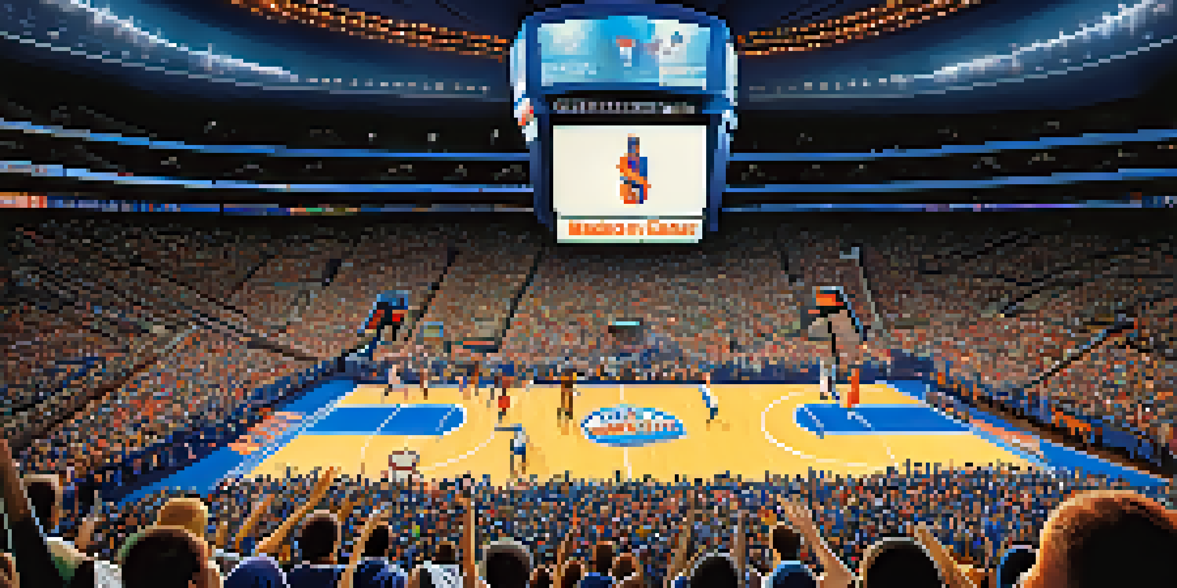 A bustling basketball game at Madison Square Garden with enthusiastic fans and players in action.