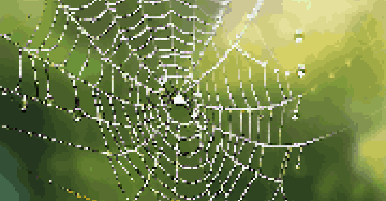 A close-up view of a spider web covered in dew, sparkling in the morning light with blurred greenery in the background.