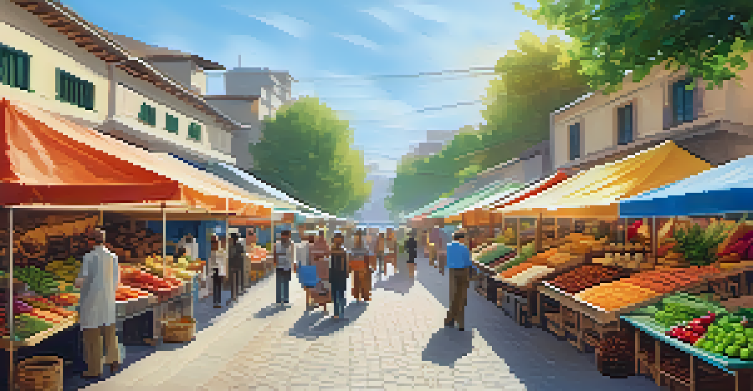 A bustling local market with travelers engaging with vendors and colorful handmade goods.