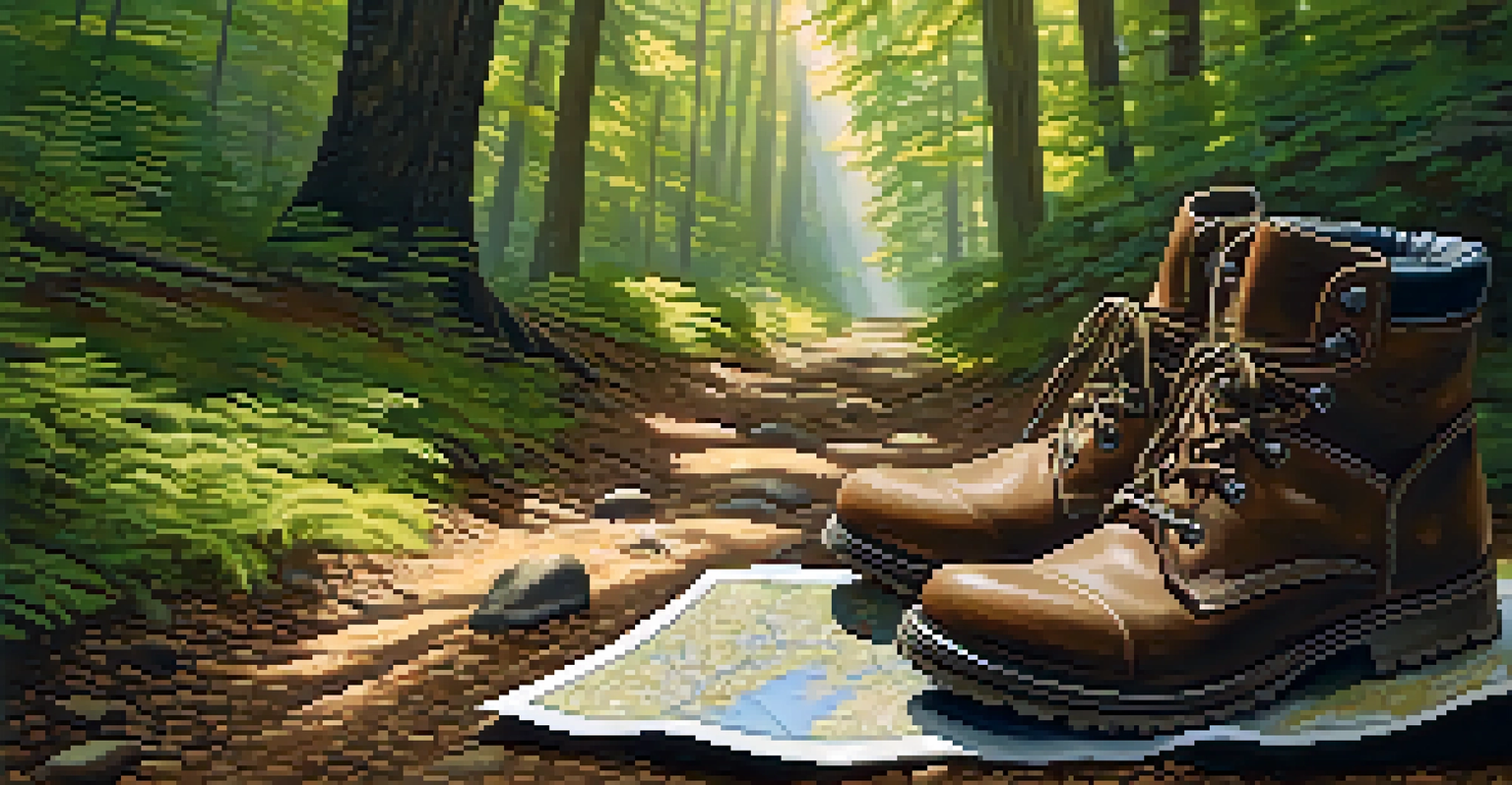 A hiking trail in a forest with sunlight filtering through the trees and hiking gear in the foreground.