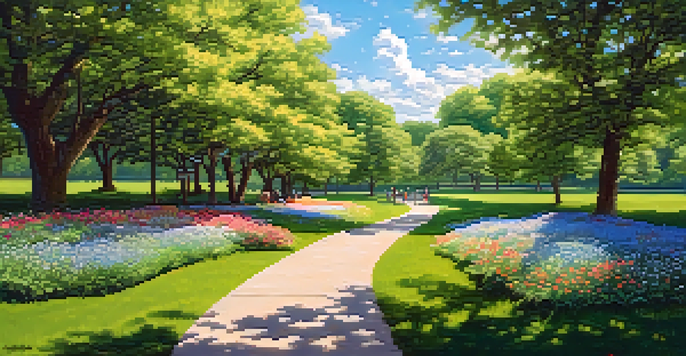 A beautiful park scene with a wheelchair-accessible pathway, colorful flowers, and travelers enjoying a picnic.