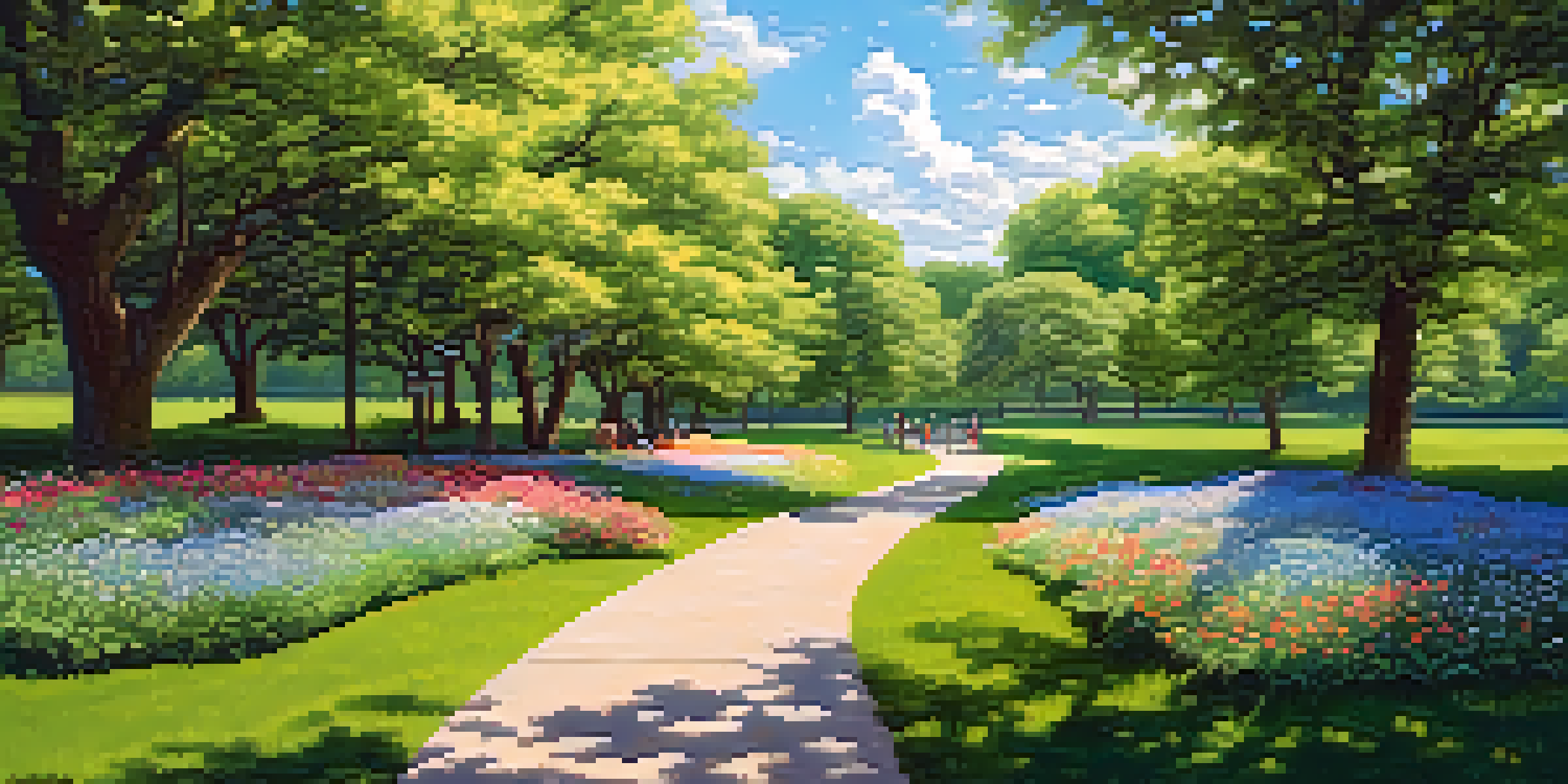 A beautiful park scene with a wheelchair-accessible pathway, colorful flowers, and travelers enjoying a picnic.