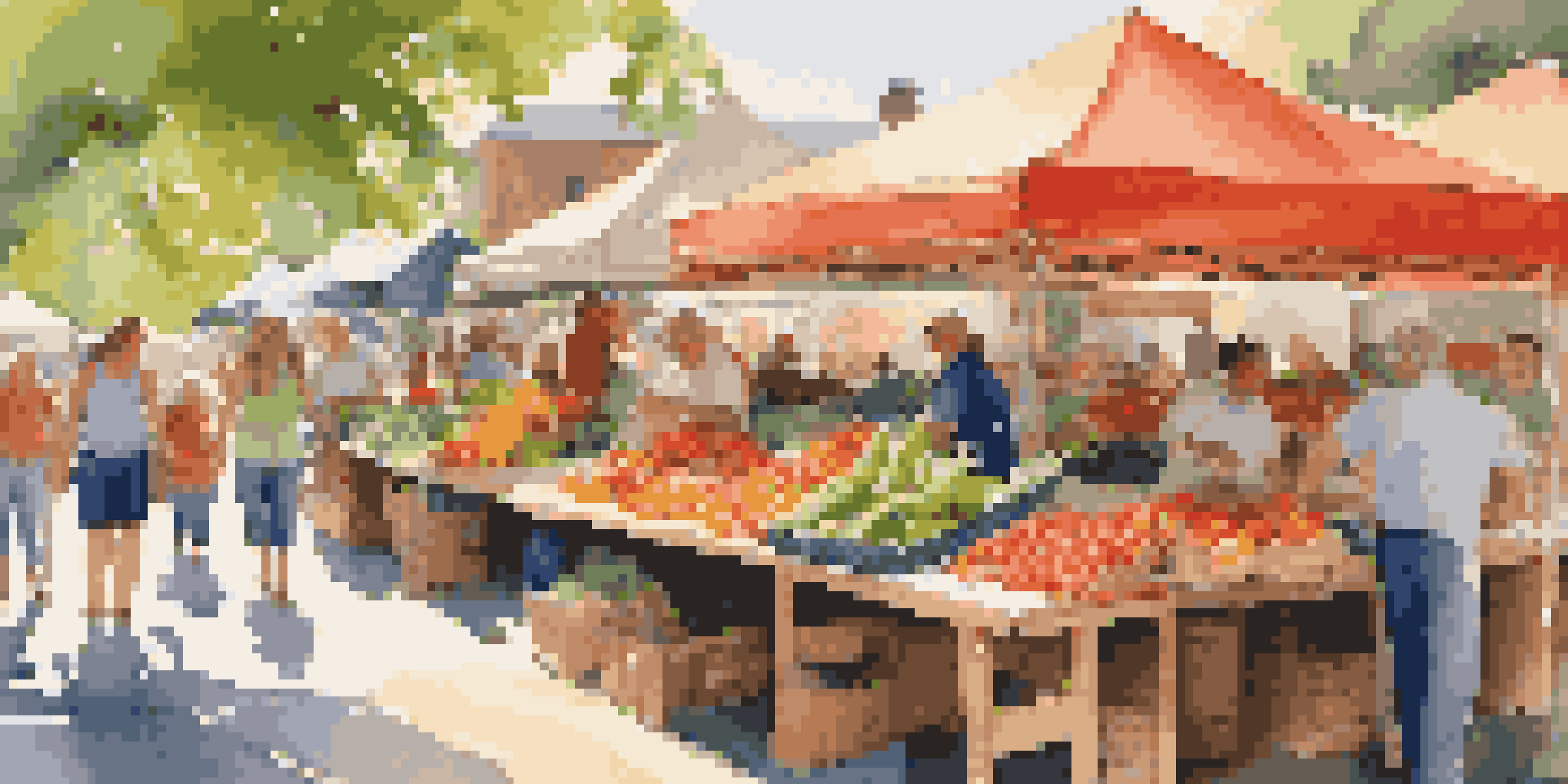 A bustling farmers' market with colorful seasonal fruits and vegetables, sunshine filtering through canopies, and shoppers interacting with farmers.