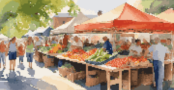 A bustling farmers' market with colorful seasonal fruits and vegetables, sunshine filtering through canopies, and shoppers interacting with farmers.