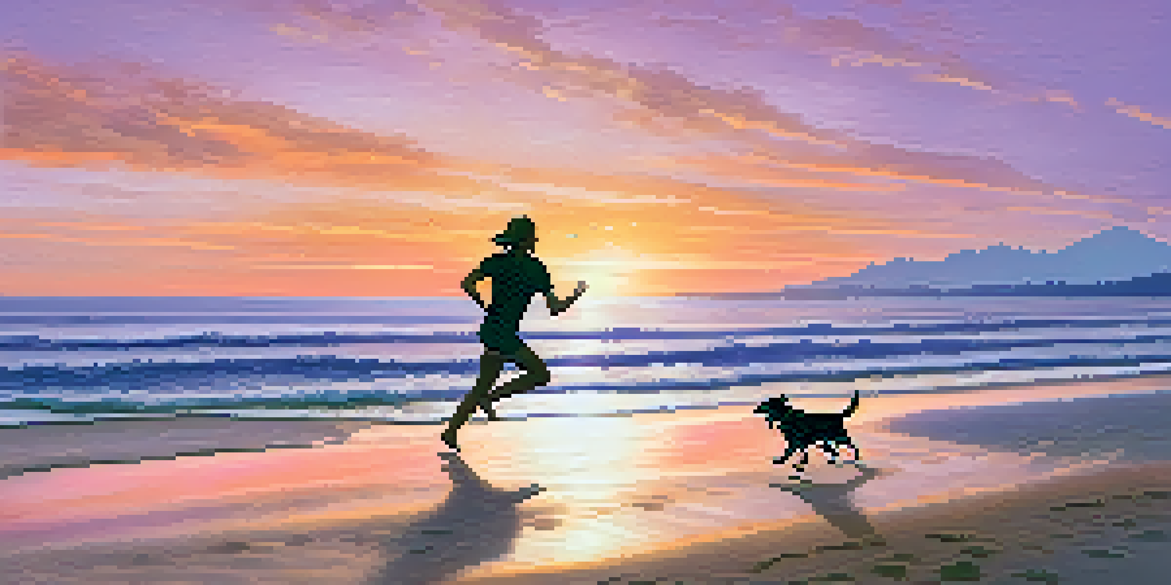 A happy dog running on the beach during sunset, with a pet owner in the background throwing a ball.