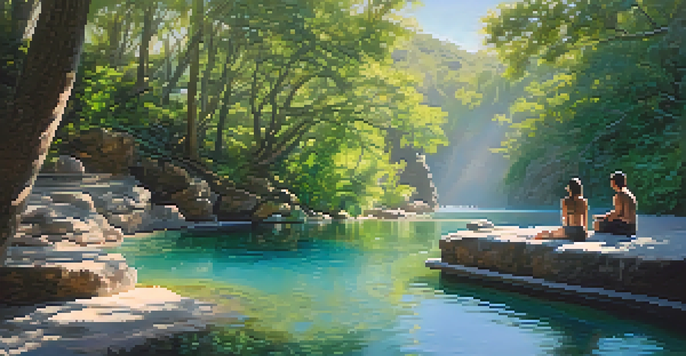 A peaceful thermal spring with steam and sunlight filtering through trees, a person relaxing nearby.