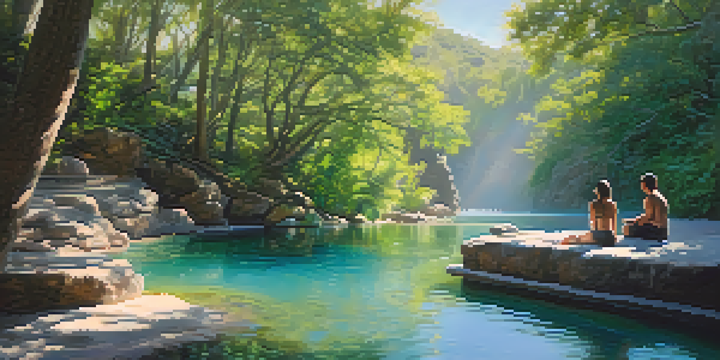 A peaceful thermal spring with steam and sunlight filtering through trees, a person relaxing nearby.