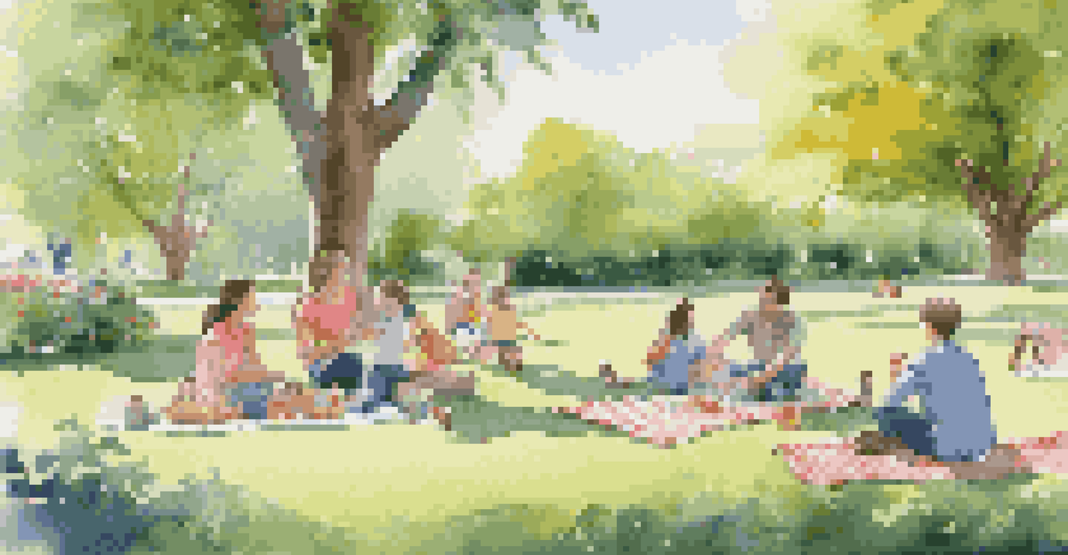 A family takes a break in a park, with children playing on the grass and parents relaxing on a picnic blanket, surrounded by nature.