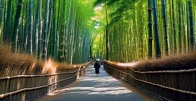 A serene bamboo grove in Kyoto, Japan, with a lone traveler walking along a path surrounded by tall bamboo stalks and soft sunlight.