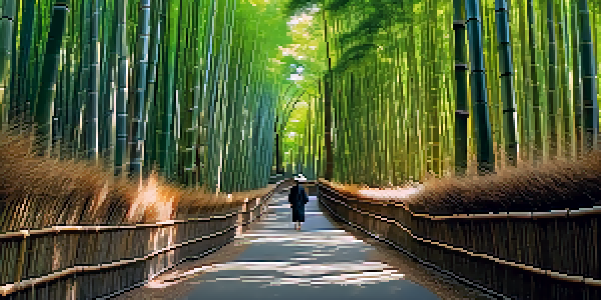 A serene bamboo grove in Kyoto, Japan, with a lone traveler walking along a path surrounded by tall bamboo stalks and soft sunlight.