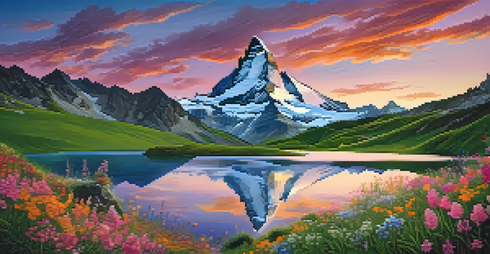 A panoramic view of the Swiss Alps at sunrise with the Matterhorn in the background and a serene lake reflecting the colorful sky.