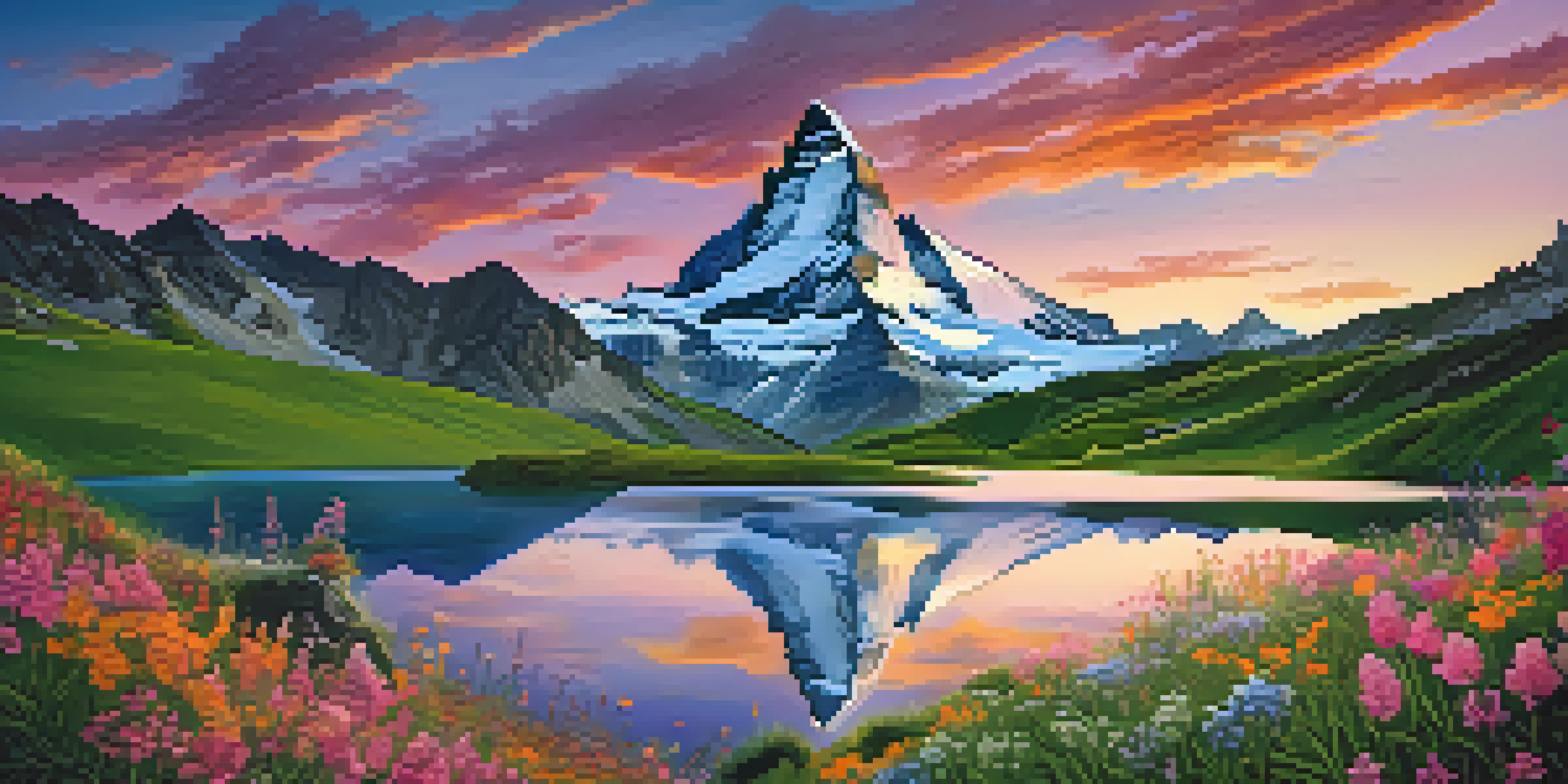 A panoramic view of the Swiss Alps at sunrise with the Matterhorn in the background and a serene lake reflecting the colorful sky.