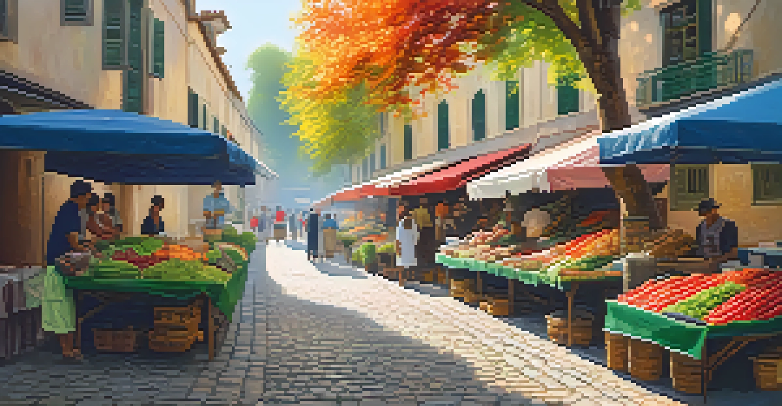 A picturesque cobblestone street leading to a vibrant market, framed by trees and dappled sunlight.