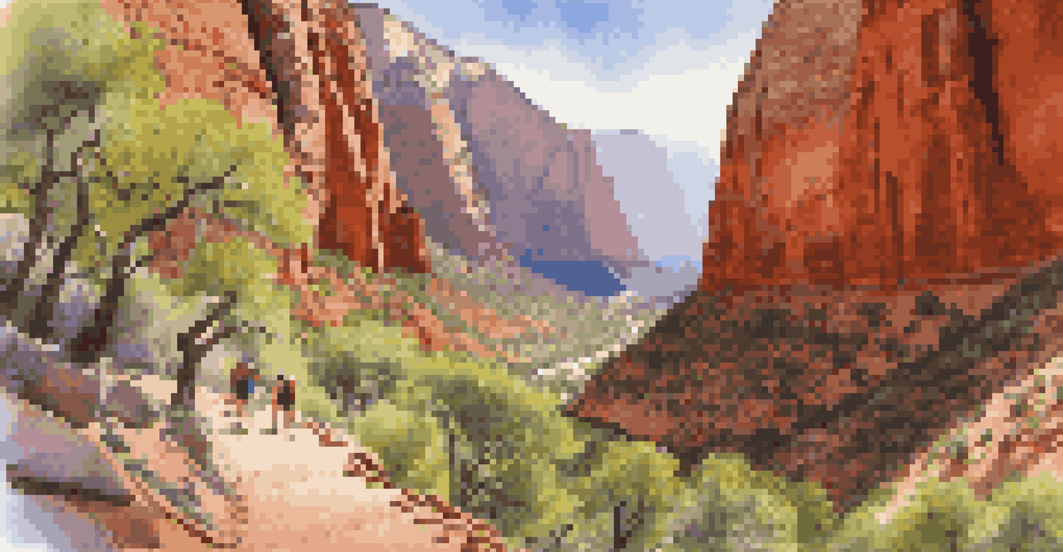 Hikers on the Angels Landing trail in Zion National Park, surrounded by towering red rock formations and bright blue skies.