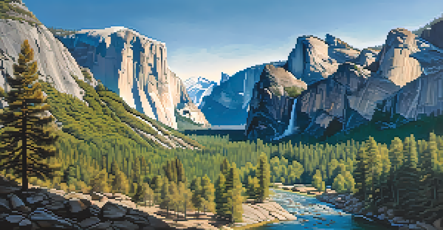 Aerial view of Yosemite National Park showcasing granite cliffs, waterfalls, forests, and visible hikers on trails.