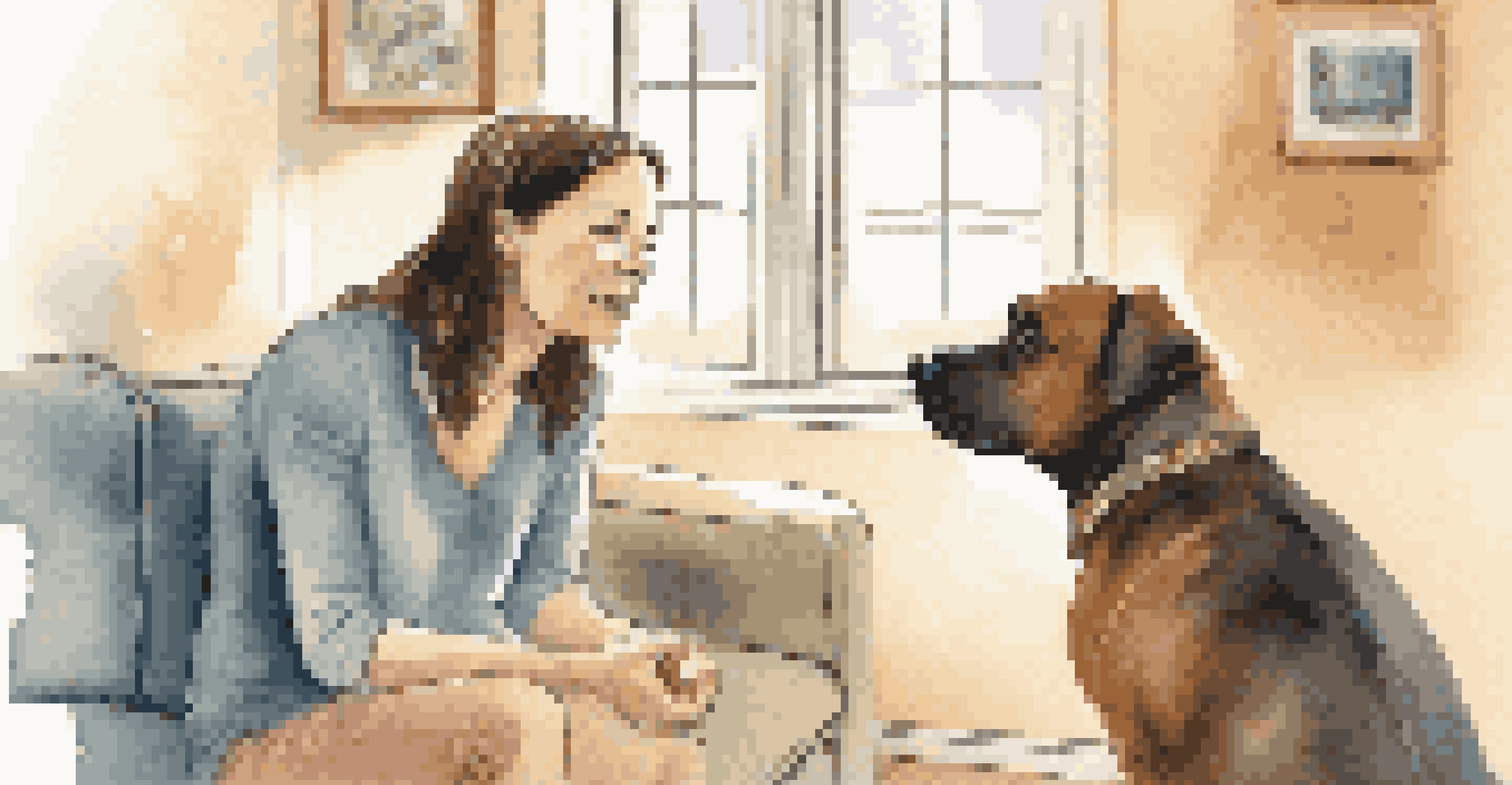 A pet owner calmly interacting with their anxious pet, offering a treat in a quiet room.