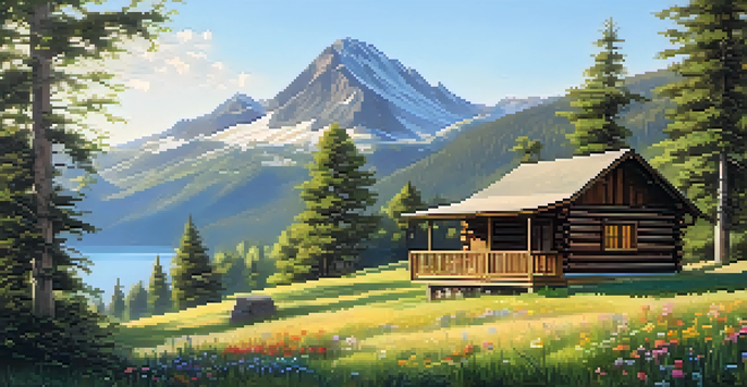 A scenic view of a mountain landscape with colorful wildflowers and a cozy cabin, under a bright blue sky.